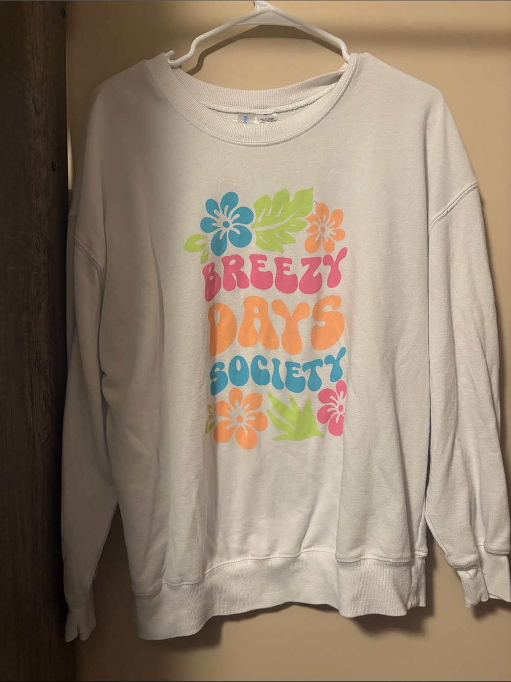 Decree White Crewneck with Neon Floral 'Breezy Days Society' Graphic